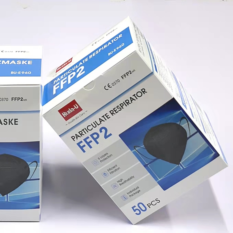 5 층 버릴 수 있는 FFP2 인공 호흡 장치 마스크, 짠 것이 아닌 면 마스크, CE는 FFP2 방진 마스크, 검은 엠보싱 인쇄를 증명했습니다